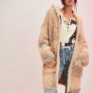 Free People Fuzzy Tan Cardigan Wool Blend Autumn Beau Cardi XS - S with hoodie